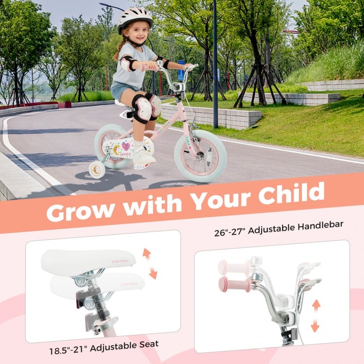 12-inch pink kids bike with adjustable seat and handlebars, designed for children aged 3-8 years, featuring training.