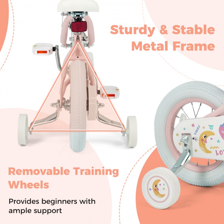 Removable training wheels on a pink 12-inch kids bike with sturdy metal frame, ideal for beginners aged 3-8 years.