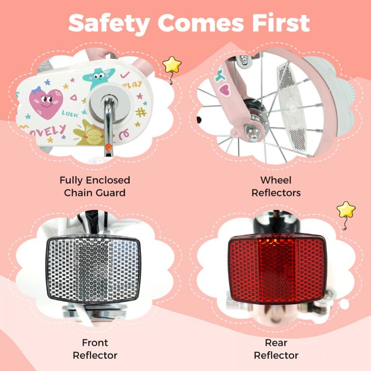 Front and rear reflectors on the 12-inch pink kids bike for enhanced visibility and safety during rides.