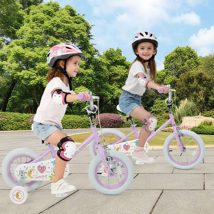 Two kids riding a purple 12-inch bike with training wheels, designed for ages 3-8, showcasing safety features and fun.