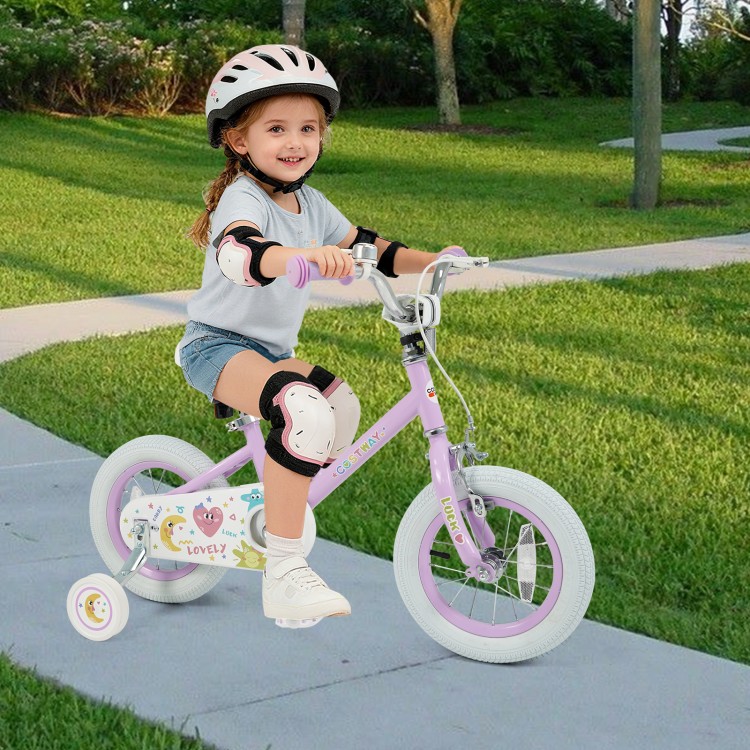 Purple 12-inch kids bike with adjustable seat, training wheels, and safety features, perfect for children aged 3-8.