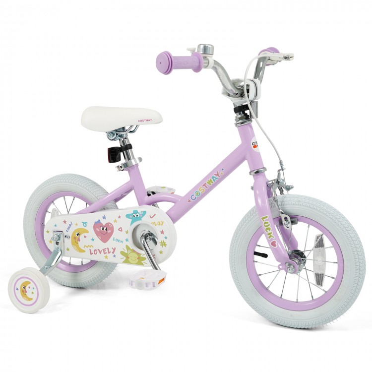 Purple 12-inch kids bike with adjustable seat, dual brakes, and training wheels for children aged 3-8 years.
