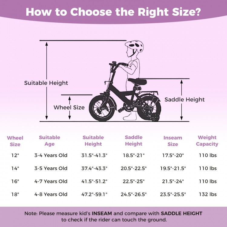 12-inch purple kids bike with adjustable seat and handlebar, designed for 3-8 years old, featuring training wheels.
