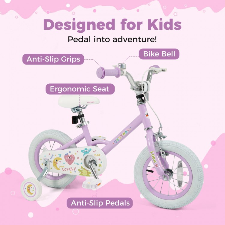 Purple 12-inch kids bike with anti-slip grips, adjustable seat, and training wheels for safe riding adventures.