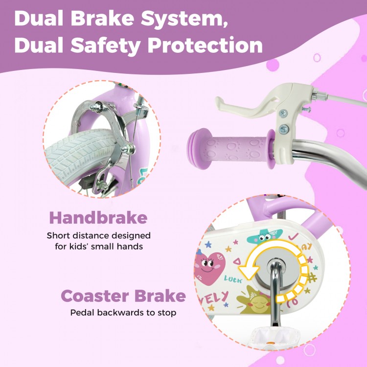 Close-up of the dual brake system on a purple 12-inch kids bike, featuring a handbrake and coaster brake for safety.