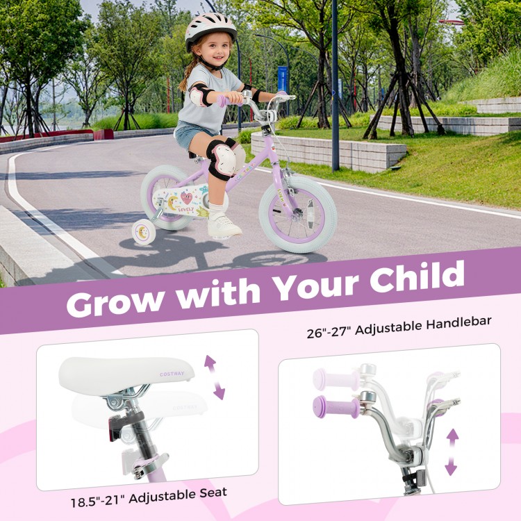 12-inch purple kids bike with adjustable seat and handlebars, featuring training wheels for safe riding and balance.