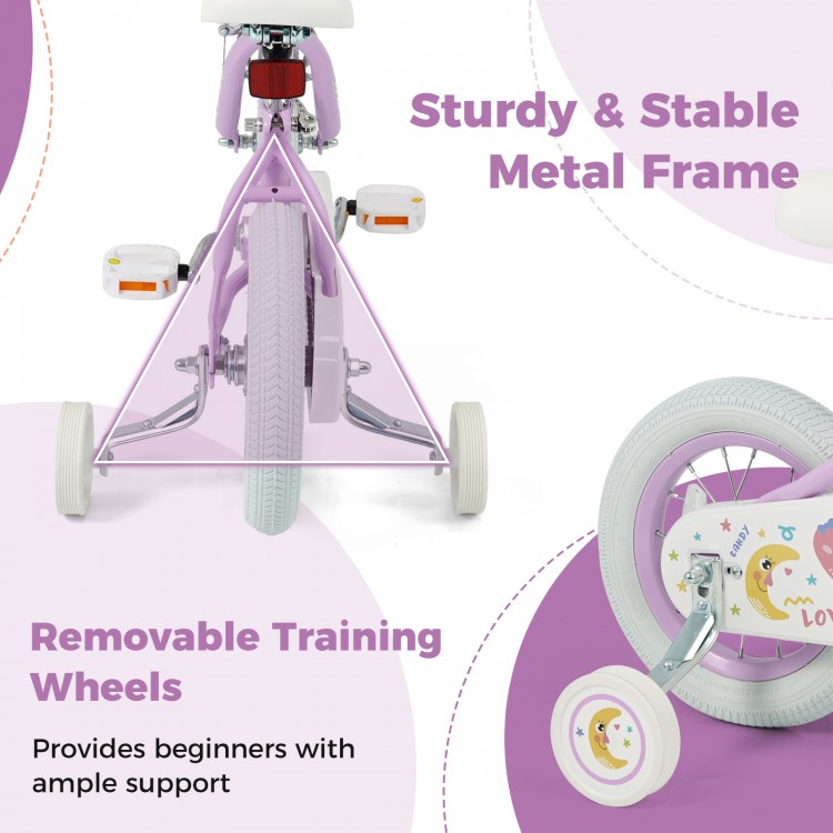 Sturdy purple 12-inch kids bike with removable training wheels and adjustable seat for ages 3-8, ideal for safe riding.