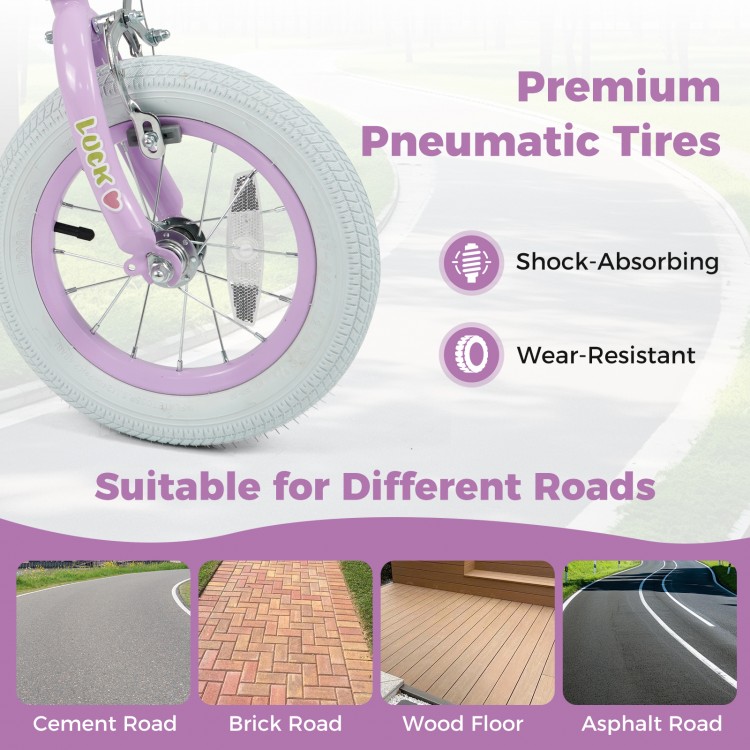 12-inch kids bike with adjustable seat, purple color, and wear-resistant pneumatic tires for various road surfaces.