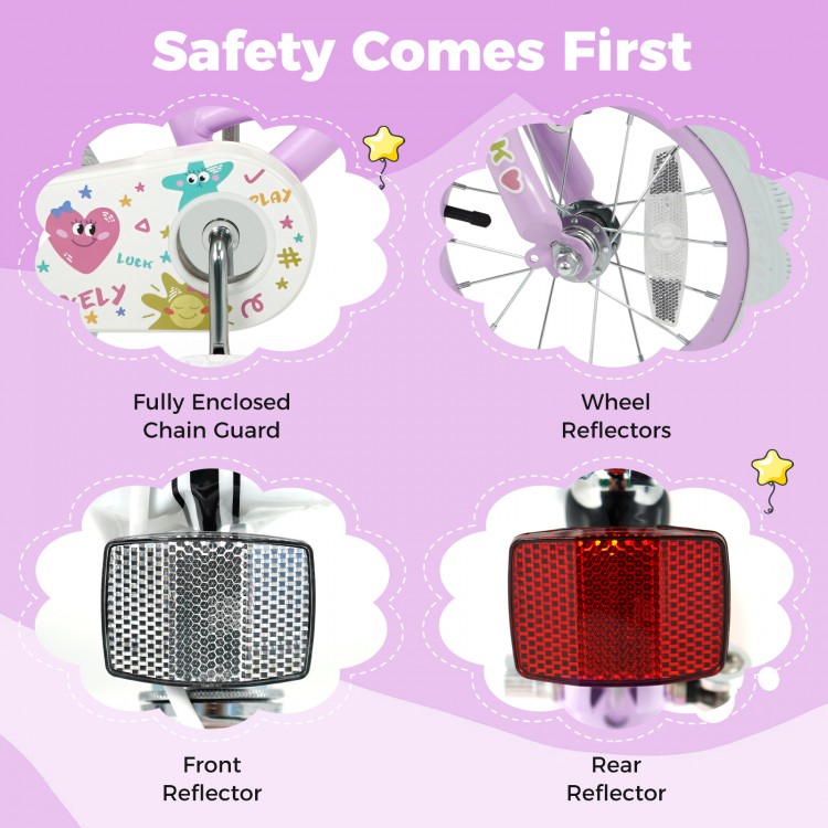 Close-up of the fully enclosed chain guard and reflectors on a purple 12-inch kids bike for enhanced safety.