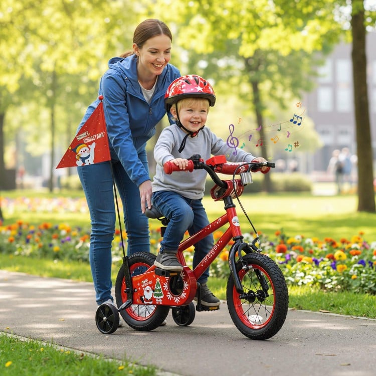 Red 12-inch kids bike with adjustable seat, training wheels, and Christmas music, perfect for ages 3-5 years old.