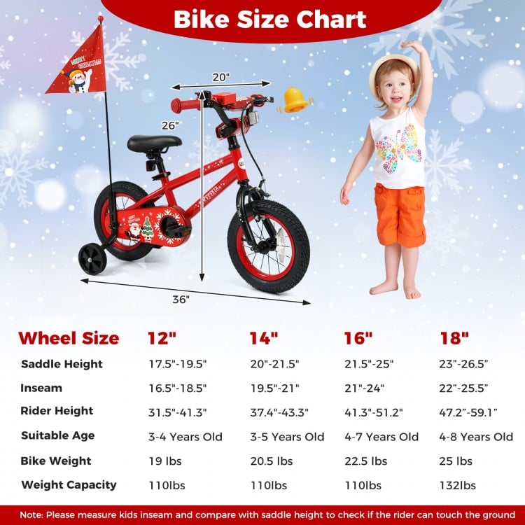 12-inch kids bike with adjustable seat, training wheels, and Christmas theme, perfect for ages 3-5 years old.