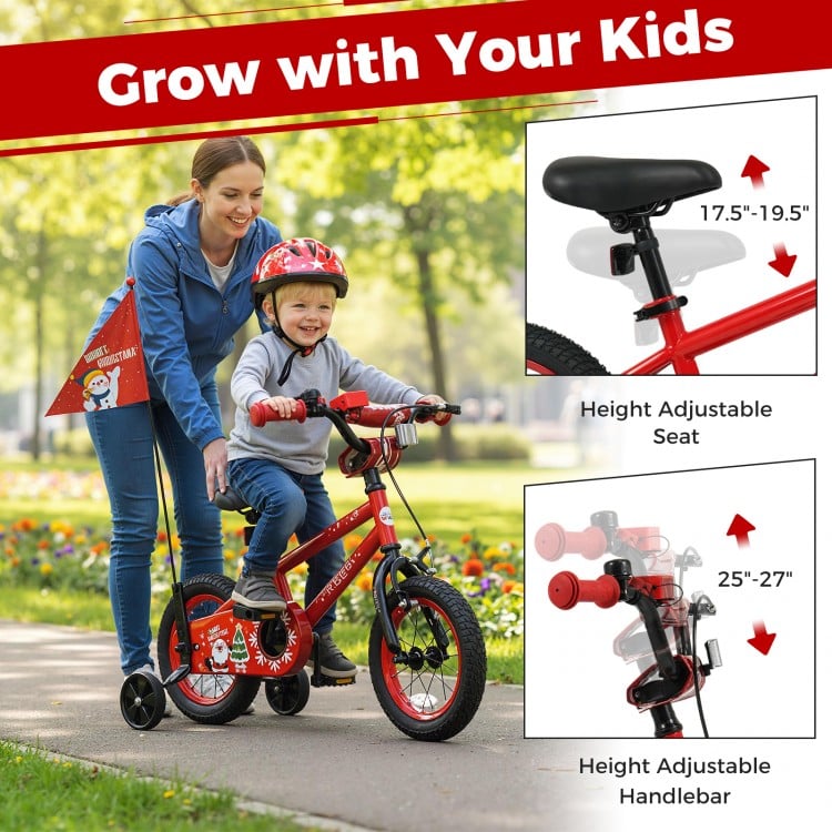 12-inch kids bike with adjustable seat and handlebars, training wheels, and Christmas music for ages 3-5 years.