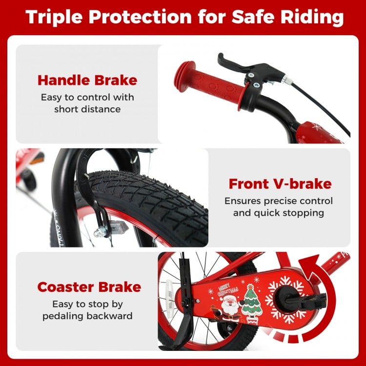 Close-up of the front V-brake and handle brake on a 12-inch kids bike, featuring adjustable handlebars for ages 3-5.