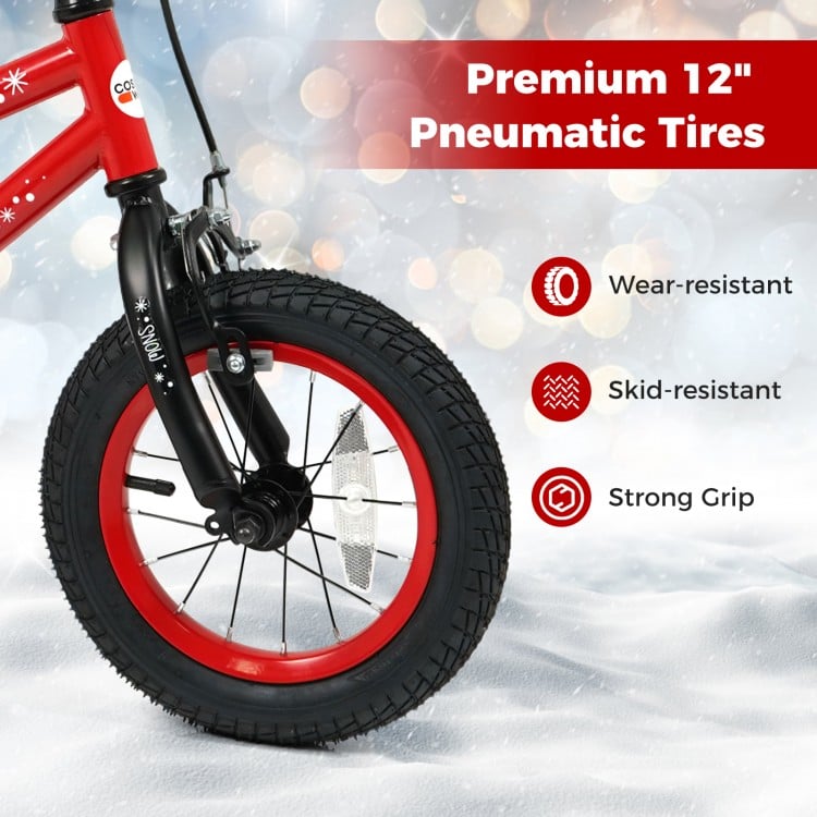 12-inch wear-resistant pneumatic tire on a kids bike, designed for ages 3-5, ensuring a strong grip and safety.