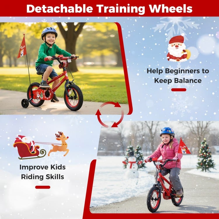 12-inch kids bike with detachable training wheels, adjustable seat, and Christmas music, perfect for ages 3-5 years.