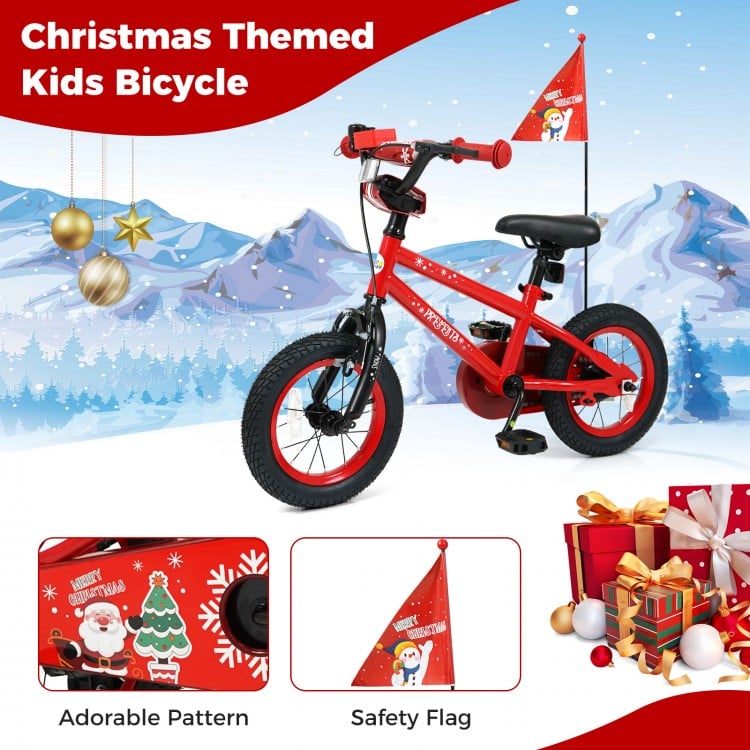 Christmas themed kids bicycle in red with adjustable seat, training wheels, and safety flag for ages 3-5 years old.