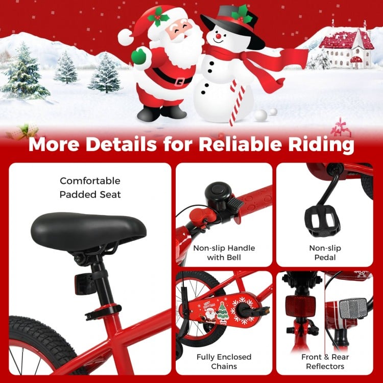 12-inch kids bike with adjustable seat, non-slip pedals, and Christmas music, perfect for ages 3-5 for safe riding.