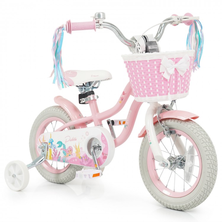 12-inch pink kids bike with adjustable seat, detachable training wheels, basket, and colorful streamers for girls aged.