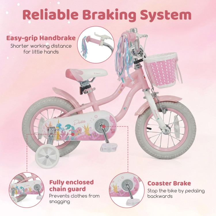 12-inch pink kids bike with adjustable seat, basket, streamers, and reliable handbrake for safe riding fun.