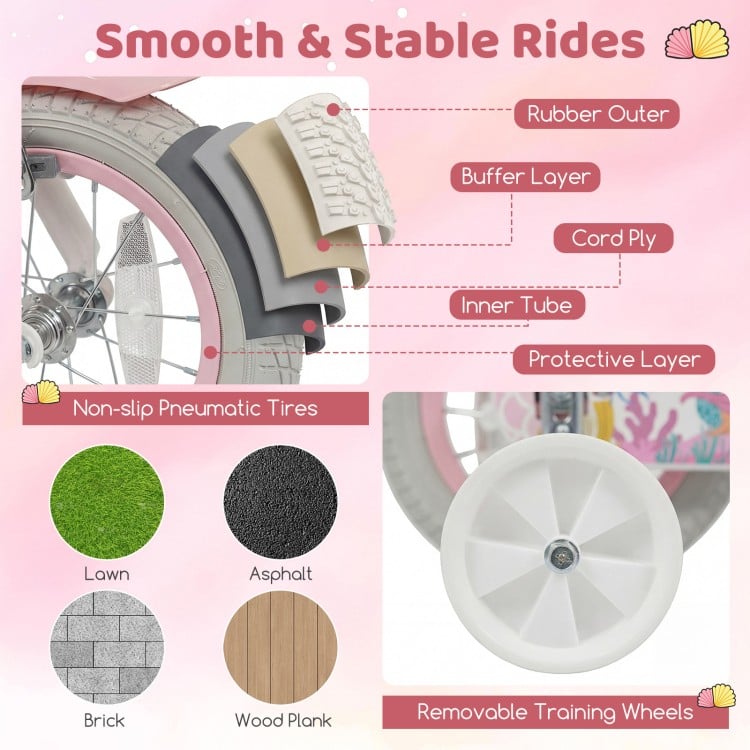 Close-up of textured pneumatic tires for the 12-inch pink kids bike, suitable for various terrains and safe rides.