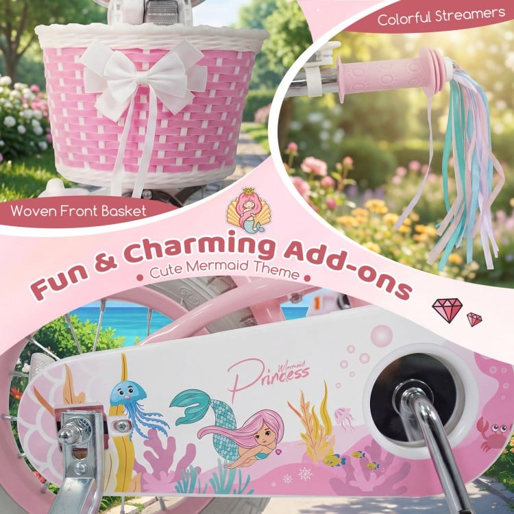 12-inch kids bike in pink with woven front basket, colorful streamers, and cute mermaid theme for girls aged 3-4.