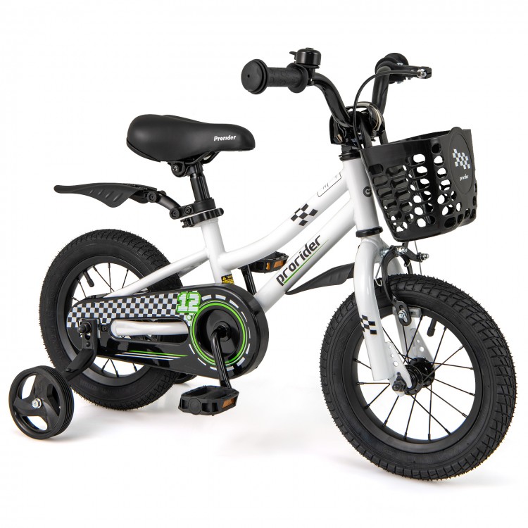 12-inch kids bike in white with training wheels, hand brake, and basket, designed for children aged 3-4 years.