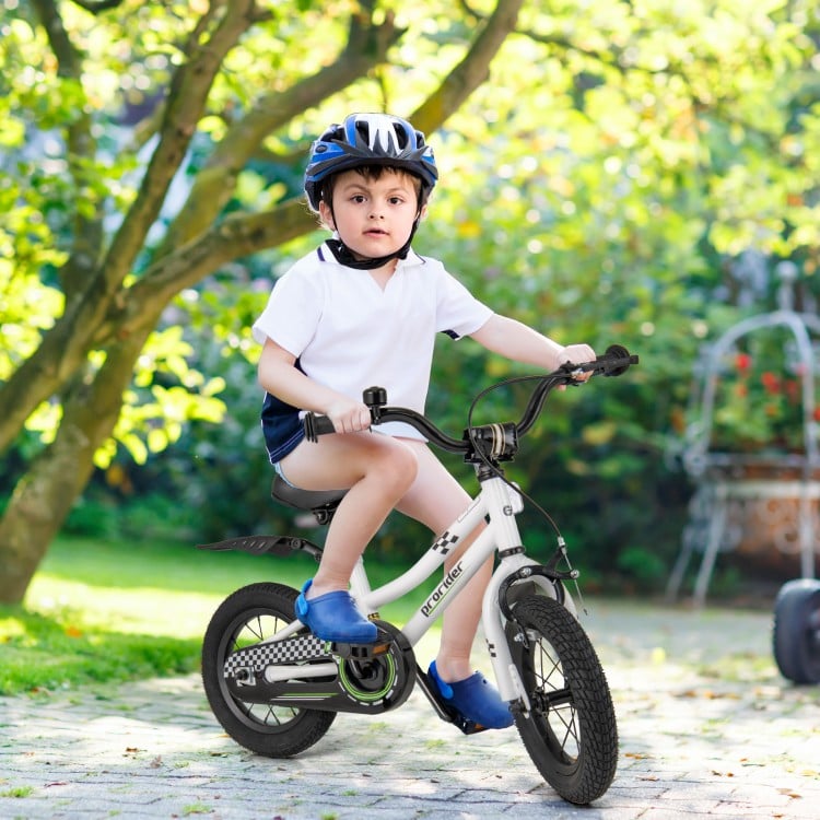 Kids bike with training wheels, 12-inch white frame, designed for ages 3-4, perfect for outdoor adventures.