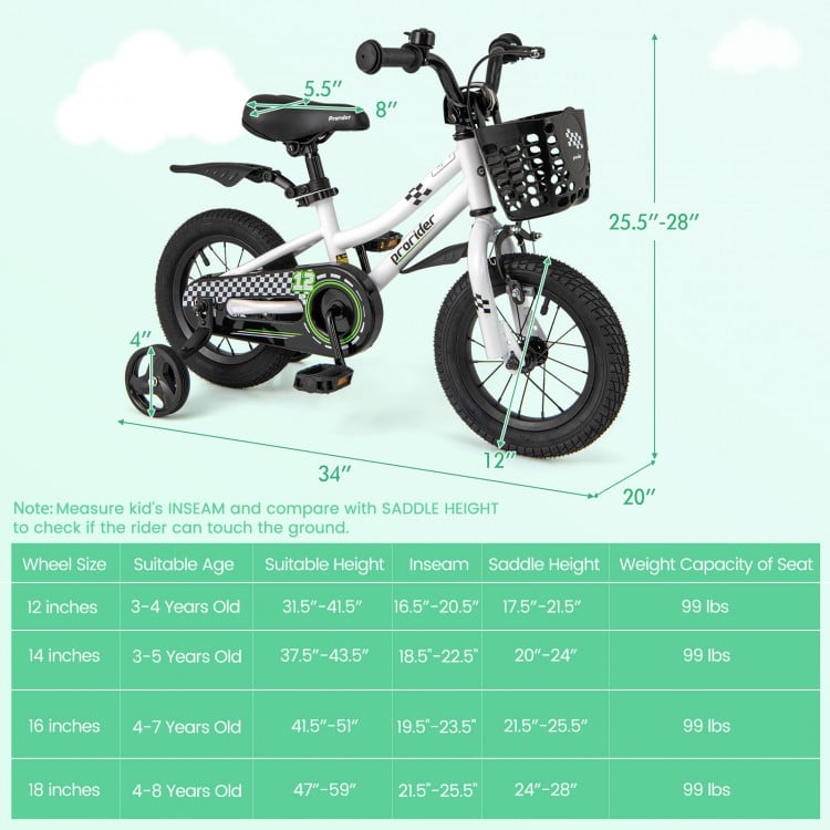 12-inch kids bike in white with training wheels, hand brake, and adjustable saddle for ages 3-4 years old.