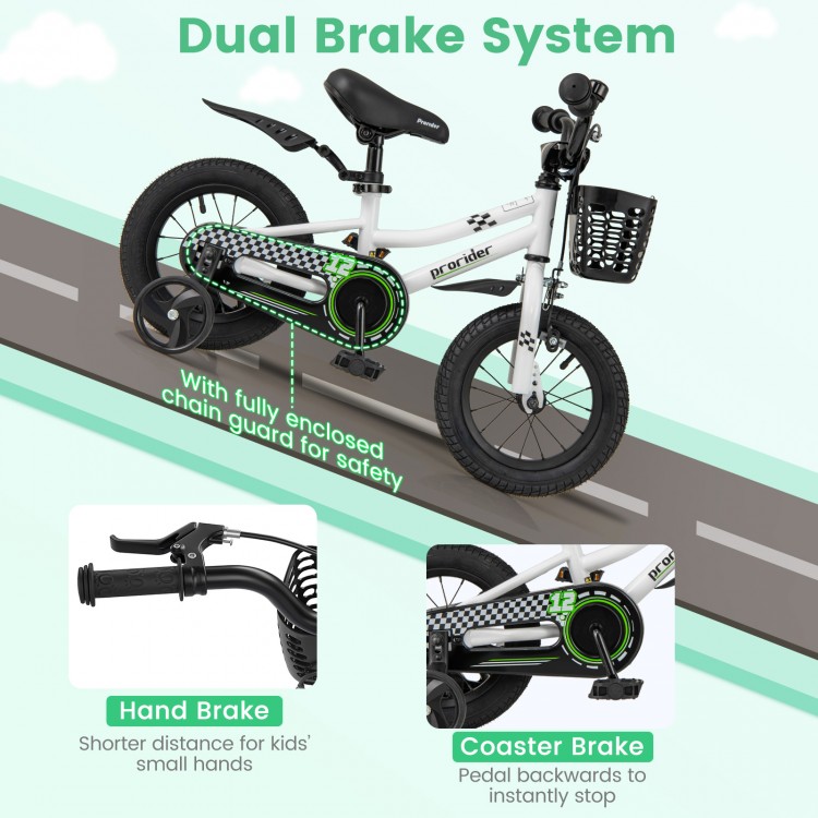 12-inch kids bike with training wheels, hand brake, coaster brake, and enclosed chain guard for safety and smooth rides.