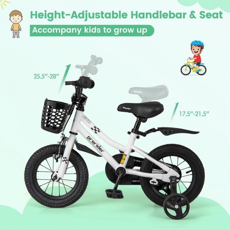 12-inch kids bike in white with adjustable seat, training wheels, and hand brake for children aged 3-4 years.