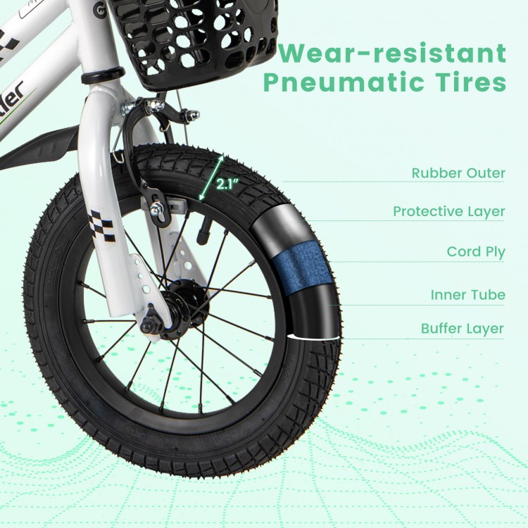 Close-up of the 12-inch kids bike's wear-resistant pneumatic tire, featuring a rubber outer and protective layer for.