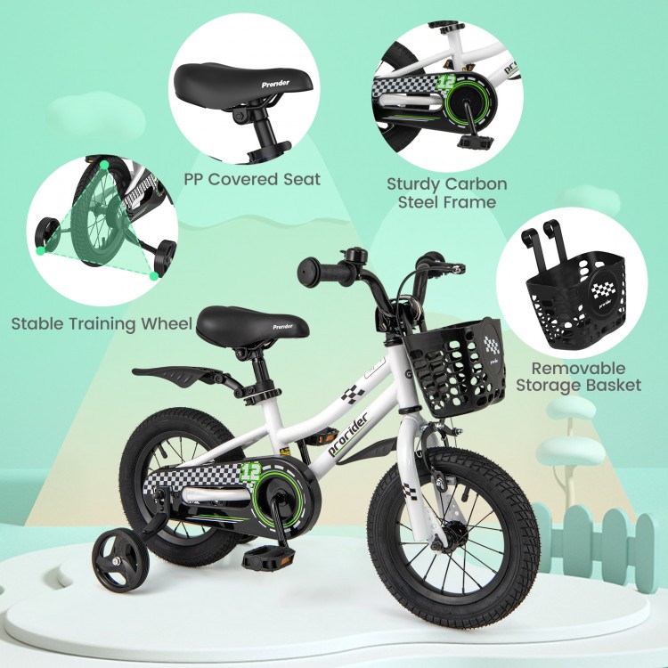 12-inch kids bike with training wheels, sturdy carbon steel frame, adjustable seat, and removable storage basket for.