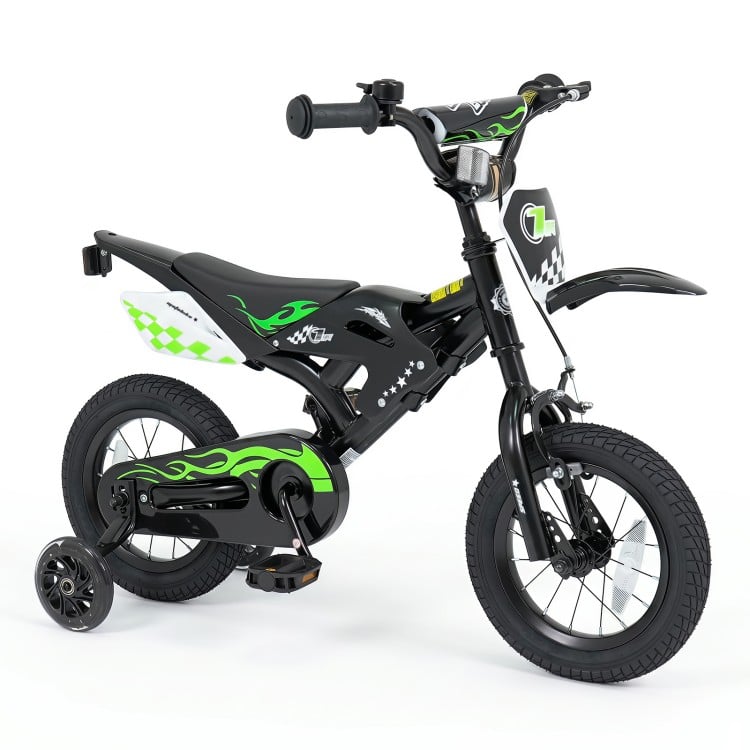 Kids 12-inch black bike features race styling, adjustable handlebar, training wheels, and a comfortable seat for ages 3-4.
