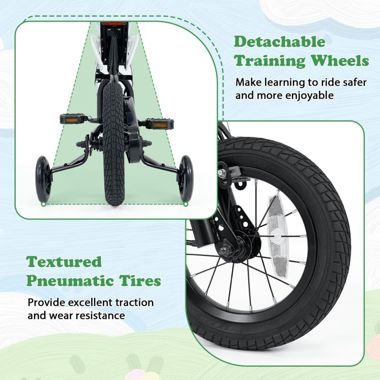 Detachable training wheels and textured pneumatic tires enhance safety and traction for the 12-inch kids bike.
