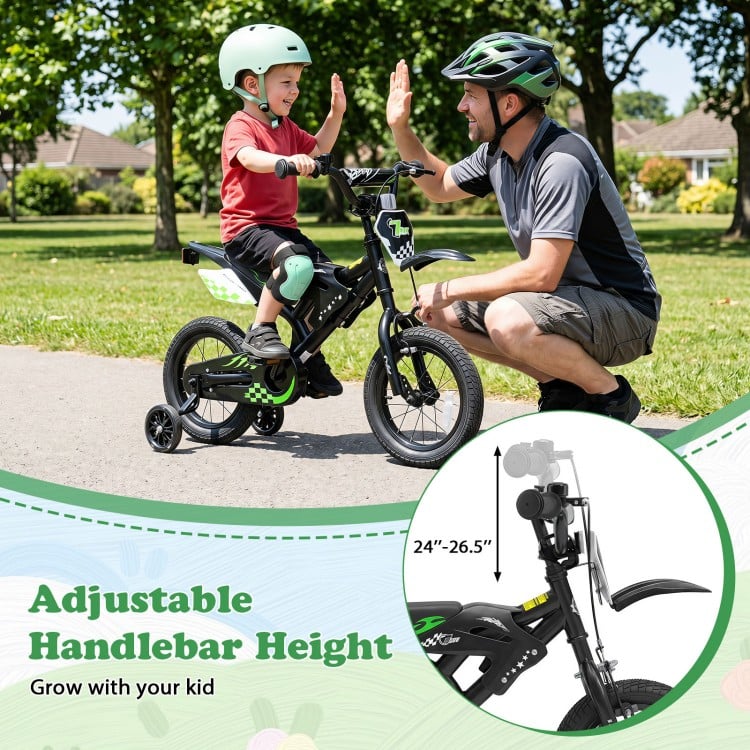 12-inch kids bike with adjustable handlebars, training wheels, and sporty graphics for boys and girls aged 3-4 years.