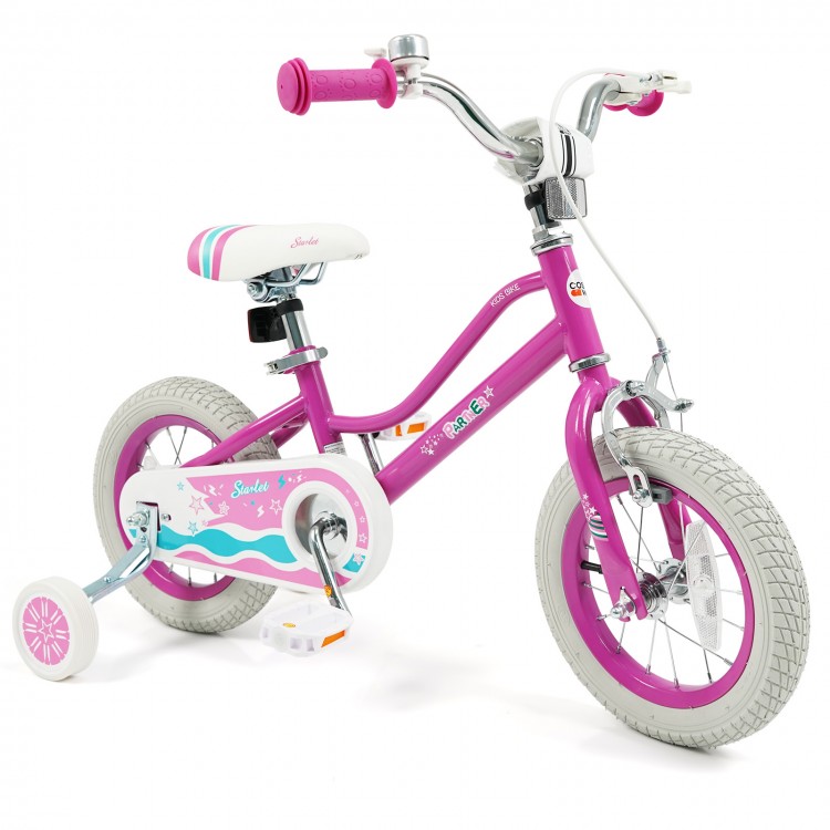 12-inch pink kids bike with adjustable handlebar, training wheels, and hand brake for ages 3-8, perfect for safe riding.
