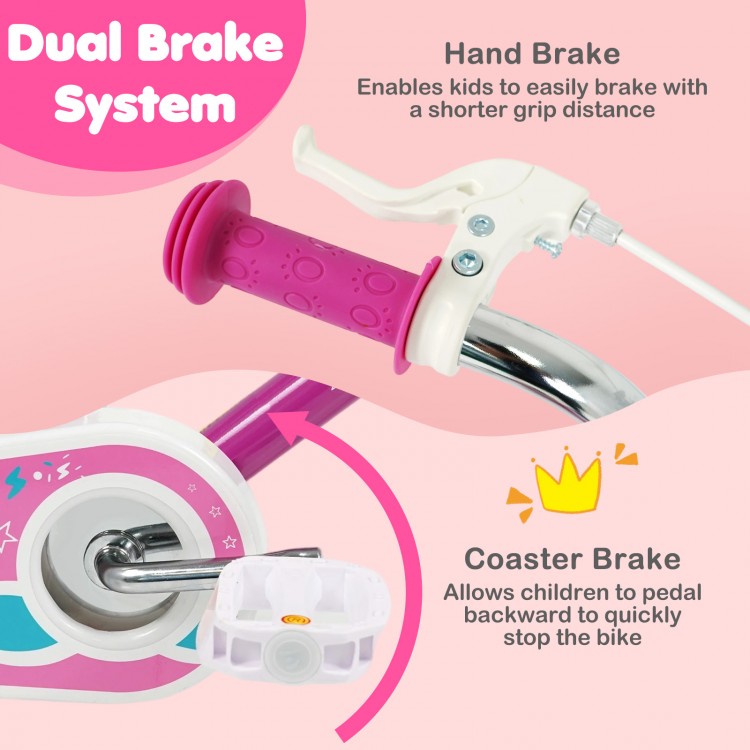 Close-up of the hand brake and coaster brake on the pink 12-inch kids bike for ages 3-8, ensuring safe stopping.