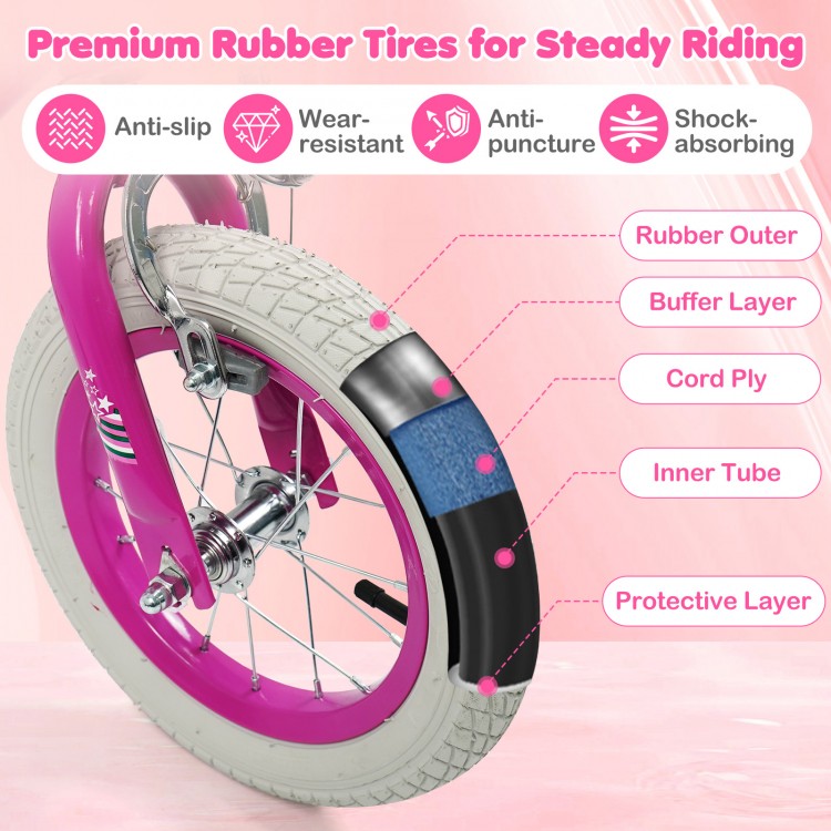 Close-up of premium rubber tires on a pink 12-inch kids bike, designed for steady riding and safety on various surfaces.