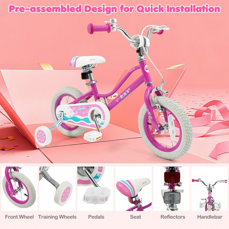 12-inch pink kids bike with adjustable handlebars, training wheels, and hand brake, designed for ages 3-8 years.