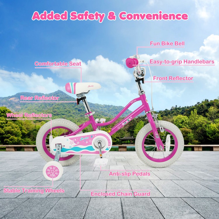 12-inch pink kids bike with adjustable handlebars, training wheels, and safety features for ages 3-8 years.