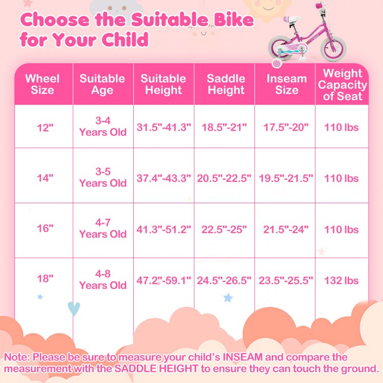 12-inch pink kids bike with adjustable seat and handlebars, designed for ages 3-8, featuring training wheels and safety.