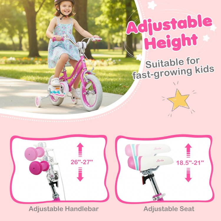 Adjustable height features of the 12-inch pink kids bike, suitable for ages 3-8, with a comfortable seat and handlebar.