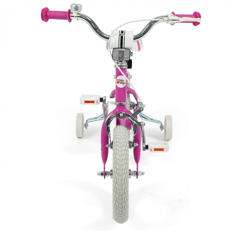Front view of the pink 12-inch kids bike with adjustable handlebars and training wheels for ages 3-8 years.