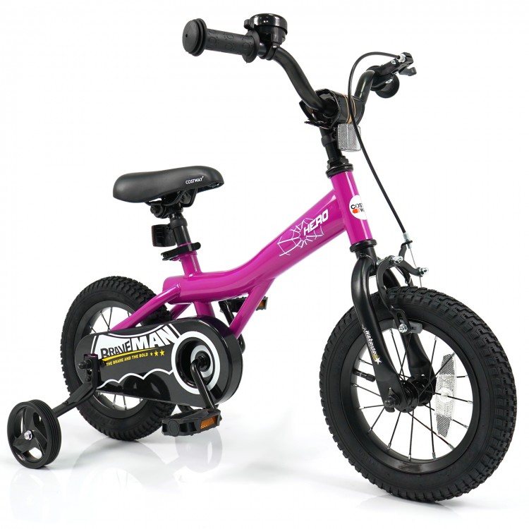 12-inch pink kids bike with removable training wheels, adjustable seat, handbrakes, and enclosed chain guard for safety.
