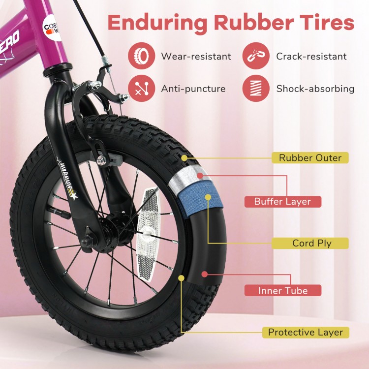 Close-up of the 12-inch kids bike's durable rubber tire, featuring a wear-resistant design for safe riding.