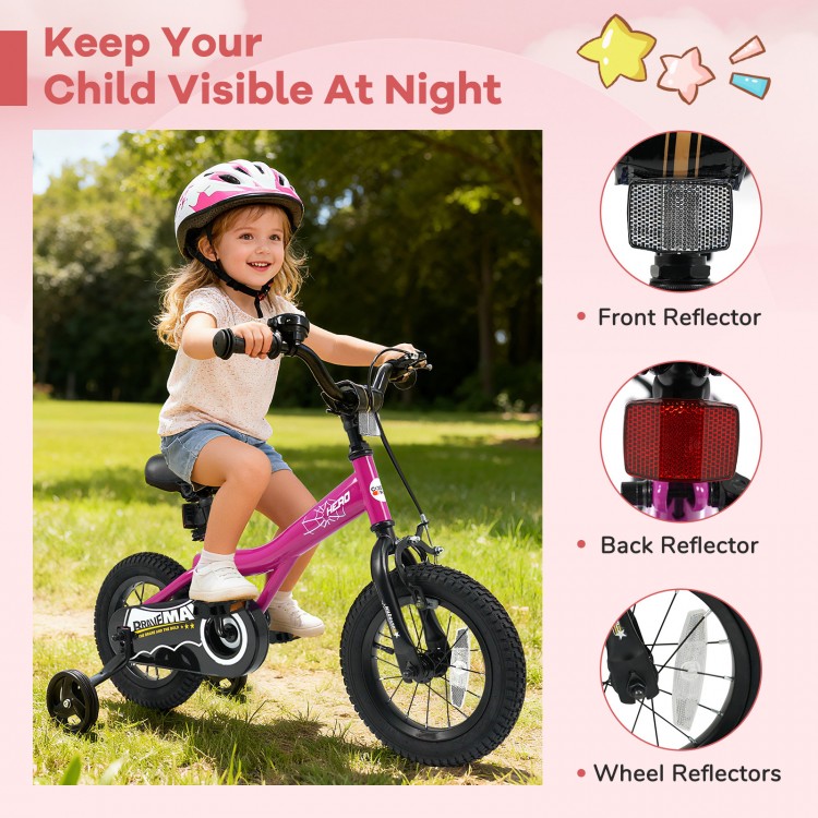 12-inch pink kids bike with removable training wheels, adjustable seat, handbrakes, and safety reflectors for.