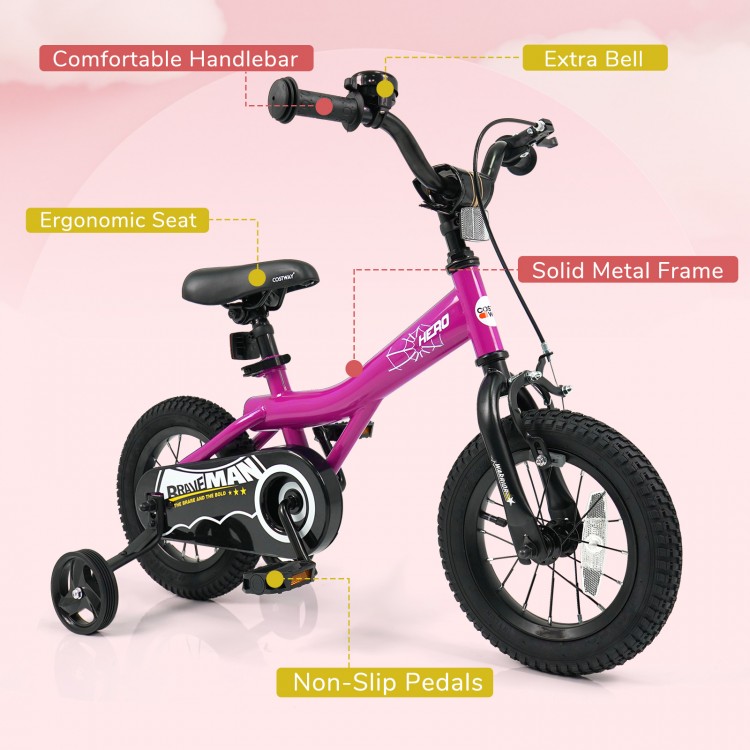 12-inch pink kids bike with removable training wheels, solid metal frame, adjustable seat, and comfortable handlebars.