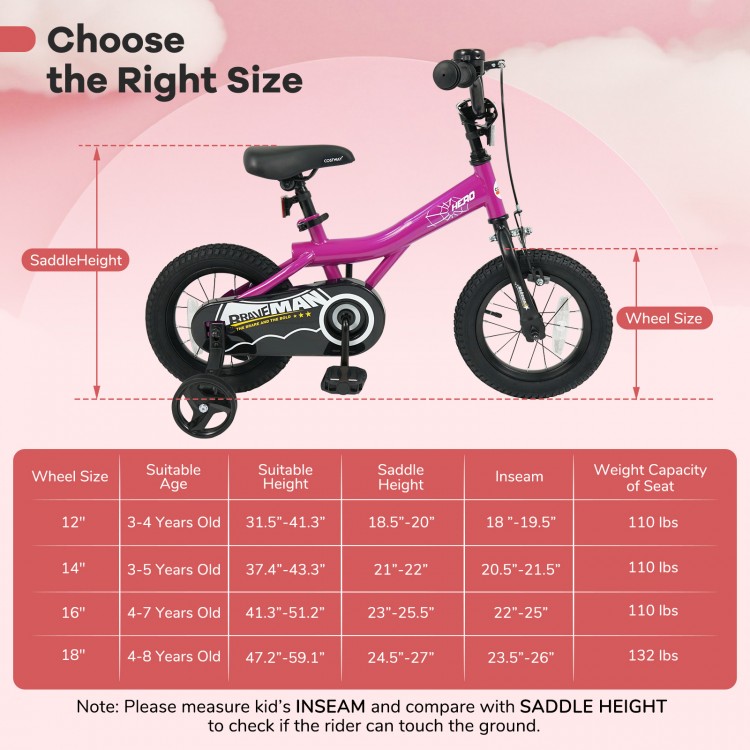 12-inch pink kids bike with removable training wheels, adjustable seat, and handbrakes for safe riding.