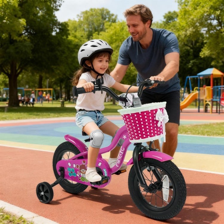 12-inch pink kids bike with training wheels, adjustable saddle, and front basket, perfect for ages 3-4 years old.