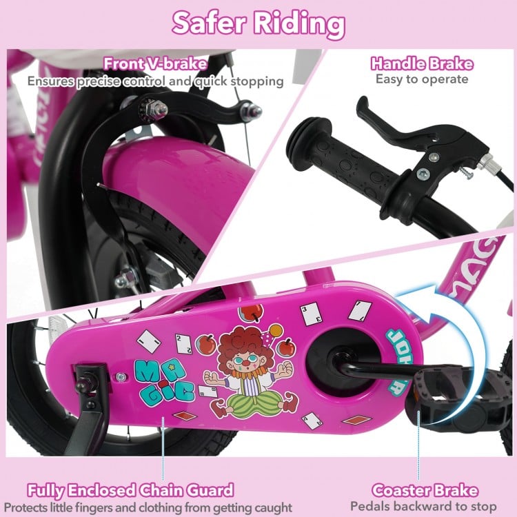 Close-up of the pink 12-inch kids bike's handle brake and fully enclosed chain guard for safe riding.